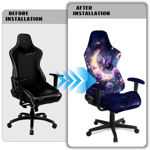 Suobstales Galaxy Butterfly Moon Rose Flower Pattern Gaming Chair Cover Set, Stretchable Game Chair Slipcovers with 2 Armrest Covers, Scratch-Proof Gamer Desk Chair Covers for Computer Office Seat - color: Galaxy Butterfly Moon Rose Flower