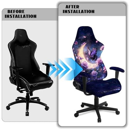 Suobstales Galaxy Butterfly Moon Rose Flower Pattern Gaming Chair Cover Set, Stretchable Game Chair Slipcovers with 2 Armrest Covers, Scratch-Proof Gamer Desk Chair Covers for Computer Office Seat - color: Galaxy Butterfly Moon Rose Flower