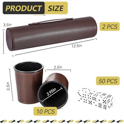 Leather Dice Cup Set, 5 Black Dice Cups + 25 Dices + Exclusive Storage and Transport Case Made of Faux Leather (Brown x2) - color: Brown X2