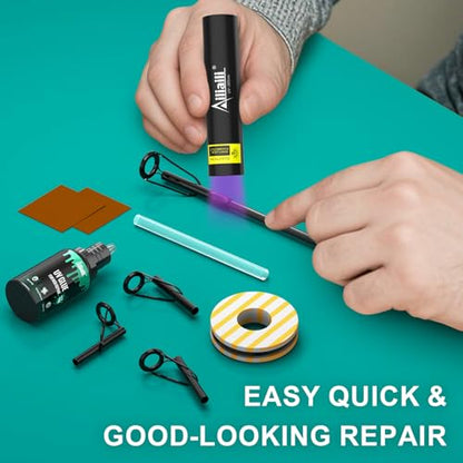 Fishing Rod Tip Repair Kit, Complete Supplies for Fishing Pole Tip Replacement with 10 Sizes Top Eyelets, Glue, UV Flashlight, Wrapping Thread, Easy&Quick Repair Broken Fishing Accessories