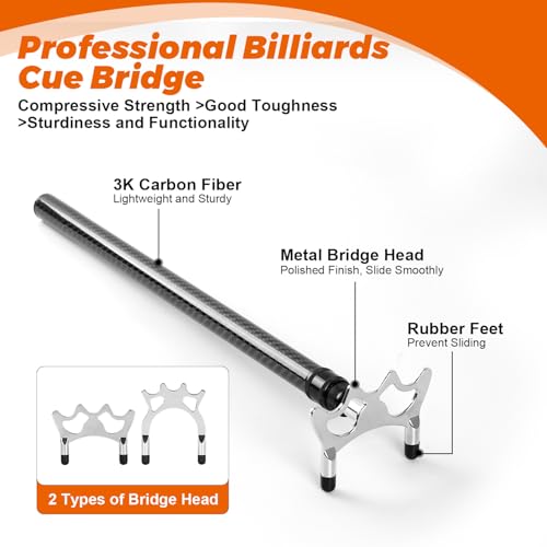 Carbon Fiber Lightweight Pool Bridge Stick, Removable Metal Heads | Made of 100% carbon fiber, sturdy & solid, easy to assemble, stretches from 17"to 55.5", compact storage bag for portability