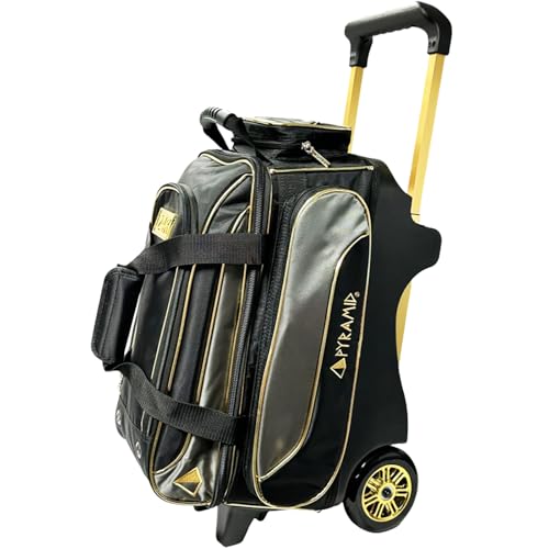 Pyramid Path Premium Deluxe 2 Ball Double Roller Bowling Bag With Large Separate Shoe Compartment (Up To US Mens Size 15) and Oversized Accessory Pocket, Retractable Locking Handle - Extends to 37" - color: Black/Gold/Grey 24K Edition