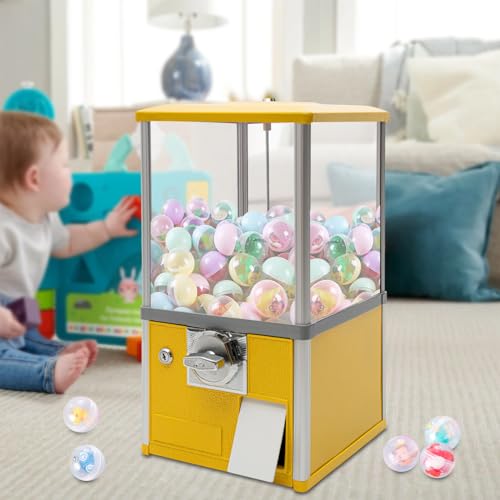 Gachapon machine, 21inch Height PS Bouncy Balls Dispenser, Commercial Candy Bubble Gum Vending Machine with Clear Design Hold 180 Capsule Toys for Game Stores,Retail Stores,Gumball Bank, Home (Yellow)