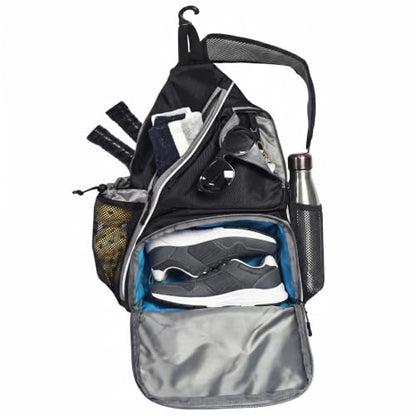 Pickleball Sling Bag with Shoe Compartment - Crossbody Backpack Fits 2 Paddles, 32oz Bottle & Fence Hook, Sports Bag for Men & Women (Shoe Limit: up to US Men's 10 / Women's 11.5) - color: Black/Grey