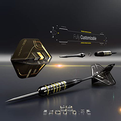 CC-Exquisite Darts Set | Professional 12 X 20/22g Metal Tip Darts | Steel Tip Darts with 24 Flights & 18 Aluminum shafts + Dart Tool, Rubber O-Rings - color: Gold