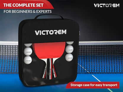 VICTOREM Table Tennis Paddles Set of 4 - Professional Ping Pong Paddles Set with Rubber & Ergonomic Handle for Enhanced Control & Spin - Speed & Control for Ultimate Performance with 8 Balls Included