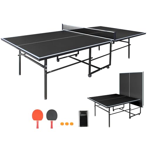 KEIKI Foldable 8FT/8.5FT/9FT Ping Pong Table Set, Portable Indoor Table Tennis Table with 0.2'' Durable MDF Top, Quick Game Mesa de Ping Pong para Adultos with Net, 2 Paddles & 3 Balls - color: Black, size: 9FT×4.1FTT