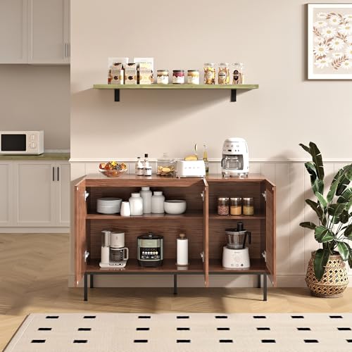 BVIUNTWO Modern Storage Cabinet with Slatted Doors,Sideboard Buffet Cabinet with Adjustable Shelf and Metal Legs for Kitchen,Dining Room,Living Room,47 Inch, Brown - size: 47 Inch