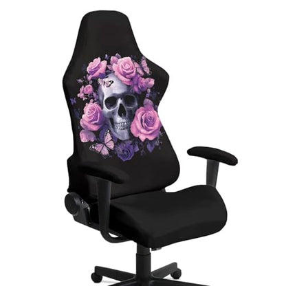 Elastic Gaming Chair Covers Slipcovers 4Pcs with Armrest Cover Skull Rose Butterfly Print Gamer Desk Chair Covers Universal Fit for Desk/Swivel/Rotating Chairs Protector - color: Black and Pink - Skull Rose Butterfly