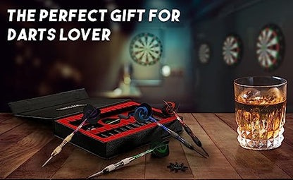 WINSDART Darts Metal Tip Set Professional Metal Darts for Dartboard Steel Tip Darts with Nonslip Iron Barrel Aluminum Dart Shafts,Extra Flights,Dart Sharpener,Gift Box - style: Flame Laser Darts Set