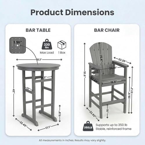 Patio Bar Tables Set of 3, HDPE Outdoor High Top Table and Chairs Set Height Table Chairs Adirondack Bar Set for Garden, Backyard, Yard, Pool, Balcony, Grey - color: Ø31.1" Bar Set of 3, Grey