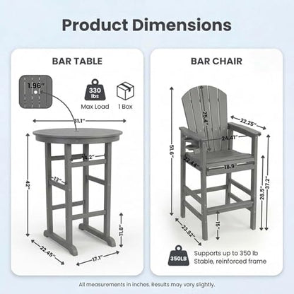 Patio Bar Tables Set of 3, HDPE Outdoor High Top Table and Chairs Set Height Table Chairs Adirondack Bar Set for Garden, Backyard, Yard, Pool, Balcony, Grey - color: Ø31.1" Bar Set of 3, Grey