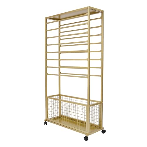 JenyunTech 16 Tier Ribbon Organizer, Double-Sided Flower Cart Display Stand, Multifunctional Wrapping Paper Organizer with Wheels and Storage Basket for Flower Shops, Craft Rooms - color: 16-Tier, 32in, Gold