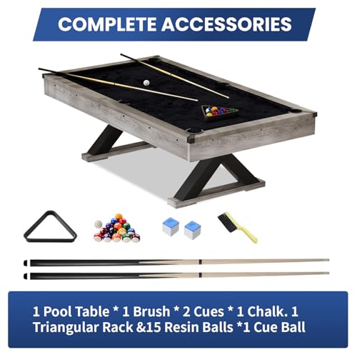 84" Rustic Grey Pool Table with X-Shaped Legs and Black Cloth – Includes Billiard Balls, Cues, and Accessories for Game Room & Home Entertainment (Grey Finish)