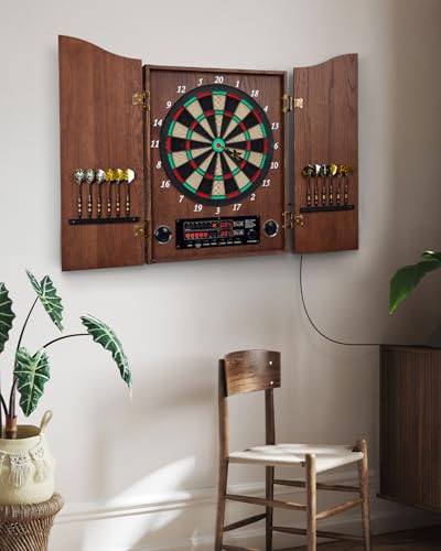 Electronic Dart Board, Decorative Dart Board Cabinet Set for Adults [12*Bronze Soft Tip Darts] [Cricket Game Mode]- Wooden Electric Dartboard Cabinet for Family Game Rooms - style: COFFEE