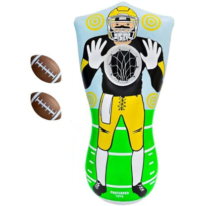 Preferred Toys 65” Inflatable Football Target Net Toss Game - Double-Sided Throwing Practice Football Stuff with Mini Balls - Backyard Tailgate Party Sports Toy for Kids & Adults - color: Yellow/Purple