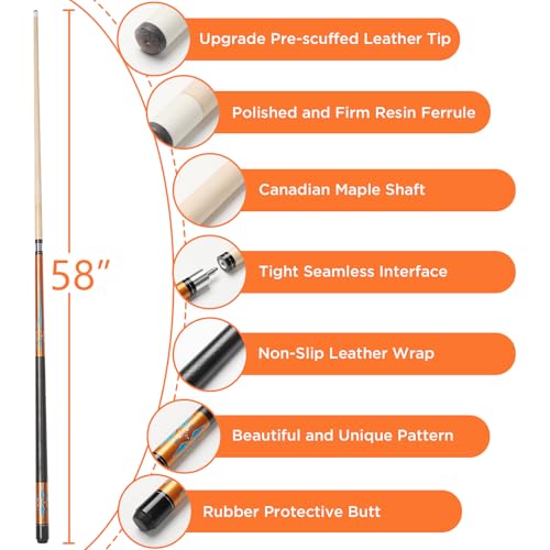 Pool Cue, 58" Pool Cue Sticks for Adults with 13MM Tips Canadian Maple Wood Leather Pattern Grip 18 19 20 21 oz, Professional Billiard Cues Players for Bar House Pool Table Sports 8/9 Ball - style: Gold 18oz
