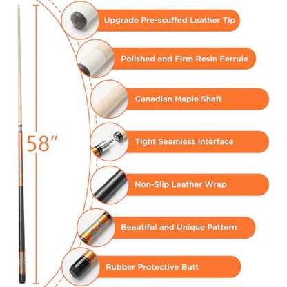 Pool Cue, 58" Pool Cue Sticks for Adults with 13MM Tips Canadian Maple Wood Leather Pattern Grip 18 19 20 21 oz, Professional Billiard Cues Players for Bar House Pool Table Sports 8/9 Ball - style: Gold 18oz