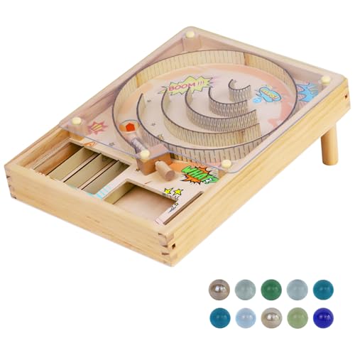 Wooden Pinball Toy,Marble Pinball Machine,Rotating Track 10 Pinball Scoring Game Set for Kids 8-12 and Adults Shooting Games for Office Stress Relief