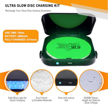 X-UFO Disc Golf Glow Charger | Discs Golf LED Charging | USB-C Rechargeable | Case Portable Night disc Golf Accessories —The Ideal Choice for Night Training and Tournaments