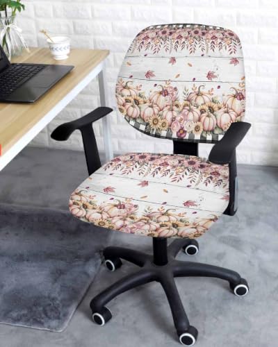 Savannan Office Chair Cover, Fall Thanksgiving Pumpkin Floral Protective Stretch Elastic Universal Cover for Desk Task Chair,Computer Rotating Chair 1 Pcs Grey Wood Grain and Pink