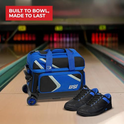 BSI Dash Roller Bowling Bag with Smooth Rolling Wheels, Padded Ball Compartment, Retractable Locking Handle, & Shoe Pocket - color: Black/Blue/Gray, style: Double