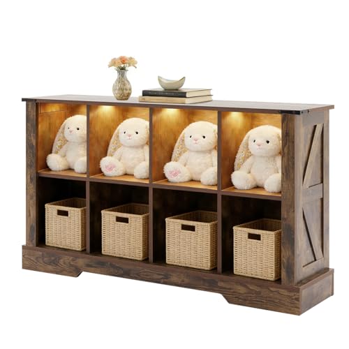 8 Cube Storage Organizer with LED Lights, Wooden Cube Bookcase with Back Panel, Brown Cube Shelf Freestanding Bookshelf, Hallway TV Stand for Living Room, Bedroom, Office - color: Brown, size: 8-cube