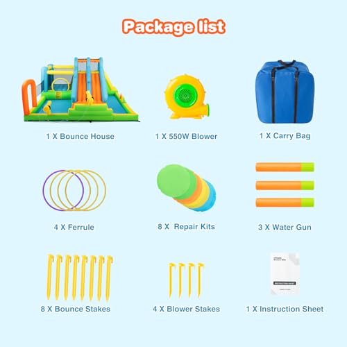 JOYLDIAS Inflatable Water Slide, Giant Water Park Bounce House with 2 Long Slides, Splash Pool,Trampoline, Climbing Wall, Ring Toss Game, 550W Air Blower for Kids Backyard Garden Indoor Outdoor Use