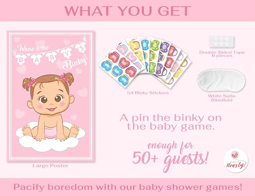 Party Hearty Pin the Pacifier on the Baby, Baby Shower Game - Pink Girl | 1 Large Poster, 56 Colorful Binky Stickers, 1 Blindfold & Double-Sided Tape - color: Girl Pink - Pin the Binky