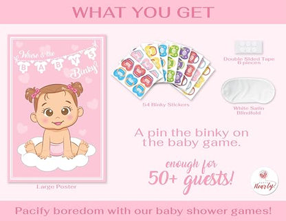 Party Hearty Pin the Pacifier on the Baby, Baby Shower Game - Pink Girl | 1 Large Poster, 56 Colorful Binky Stickers, 1 Blindfold & Double-Sided Tape - color: Girl Pink - Pin the Binky