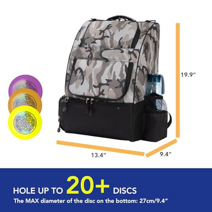Camo Disc Golf Backpack Bag - 20+ Disc Capacity, Two Side Storage Pockets