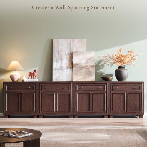 ACCOHOHO Modern Farmhouse Buffet Cabinet, 126" Sideboard Credenza, Modular Storage Cabinet with Framed Panel Fronts, Adjustable Shelves & Dual Base Design, Natural Walnut - color: Natural Walnut, size: 4 Piece