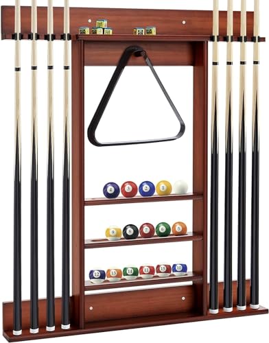 LDAILY Pool Cue Rack Only, Wooden Pool Cue Holder, Holds 8 Cues, 16 Billiard Balls & Ball Rack, Pool Stick Holder Wall Mount for Billiard Room, Club & Man Cave, 31" L x 3" W x 36" H (Coffee)