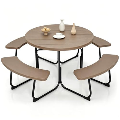 Tangkula 8 Person Picnic Table, Outdoor Round Picnic Table with 4 Built-in Benches, Umbrella Hole, Metal Frame & HDPE Tabletop, Outside Table and Bench Set for Backyard, 2300lbs Weight Capacity - color: Coffee