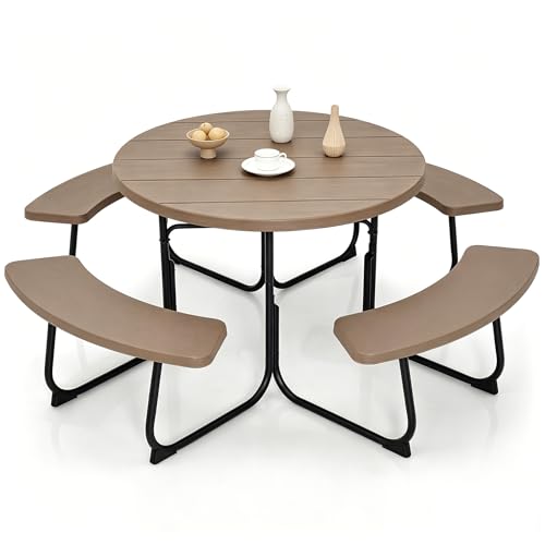 Tangkula 8 Person Picnic Table, Outdoor Round Picnic Table with 4 Built-in Benches, Umbrella Hole, Metal Frame & HDPE Tabletop, Outside Table and Bench Set for Backyard, 2300lbs Weight Capacity - color: Coffee