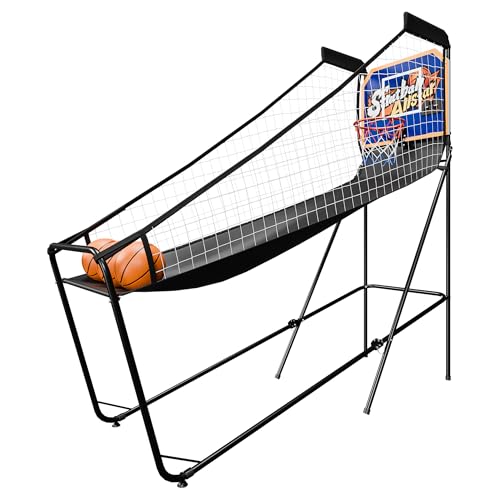 JupiterForce Foldable Electronic Arcade Basketball Game, Indoor Single Shot Basketball Hoop Arcade Game with Electronic Scorer, Buzzer, 3 Basketballs and Pump for Adults