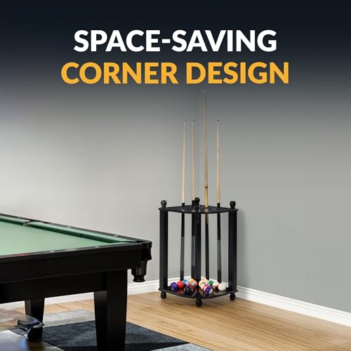 Hathaway Regent 28-in Corner Floor Pool Cue Rack – Solid Wood Billiard Cue Rack with Built-in Drink Holders & Triangle Hook – 10 Pool Stick Holder & Full Ball Set – Black Veneer Finish
