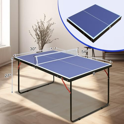Mid Size Portable Ping Pong Table, 4ft Compact Foldable Table Tennis Table Set with Net, 2 Paddles 3 Balls for Indoor Outdoor, Small Spaces and Apartments, Thickened Aluminum Frame