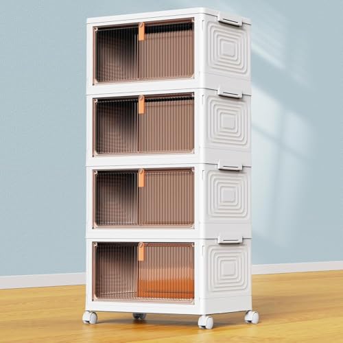 YFXCVSL 4 Tier Plastic Storage Bins with Lid 23QT, Stackable Storage Containers with Wheels, Folding Storage Boxes, Stackable Storage Bins, Organizers and Storage for Living Room,Office,Dorm - size: 4-Tier 23QT