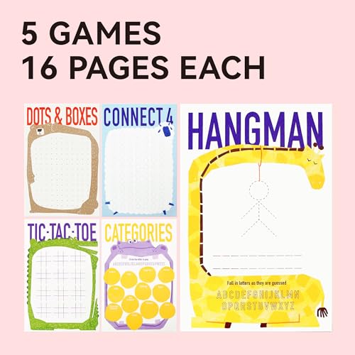 Dotimo Travel Games for Kids Ages 3+, 90-Page Activity Book with Hangman & 5 Classic Games, Screen-Free Road Trip Essentials, 6"x9" Tear-Out Sheets