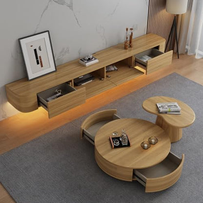 Floating TV Stand - Wall Mounted Media Console with 2 Drawer, Floating Entertainment Center TV Cabinet, Wall Mounted Audio/Video Shelf for Home Room (Wood 2+LED, 118.11x7.87x9.45IN) - color: Wood 2+led, size: 118.11x7.87x9.45IN