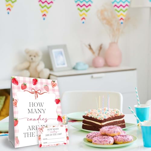 Strawberry Baby Shower Decorations,Strawberry Guess How Many Baby Shower Game,Guess How Many Candies Are In The Jar,Birthday Party Game & Activities 50 Cards And Sign - size: strawberry2