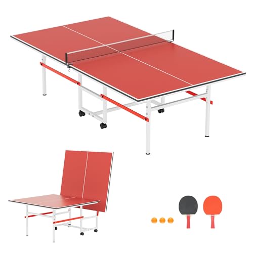 Portable Ping Pong Table, Mid-Size Foldable Table Tennis Table w/Net, 2 Paddles, 3 Balls, Table Tennis Table for Indoor Outdoor, Ping Pong Tablefor Kids Family Holiday Sports - color: Red