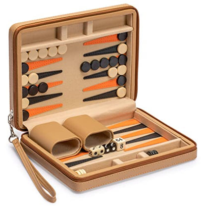 Yellow Mountain Imports Travel Magnetic Leatherette Backgammon Mini Game Set, Bozcaada - with Magnetic Checkers, 9-inch Board - color: Wheat Beige