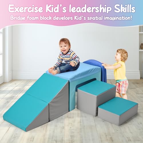 Foam Climbing Blocks for Toddlers - Soft Play Set for Toddlers 1-3 - Climbing Toys - Baby Climbing Gym Foam - with Slide Stairs and Tunnel - Great for All Ages (6 Pc Blue Soft Play Area Set) - color: Blue