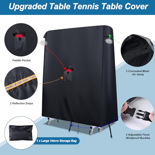 Table Tennis Cover Outdoor Waterproof，Heavy Duty 420D Ping Pong Table Cover with Paddle Pocket,Windproof Buckle,2 Air Vents，Universal Folding Ping Pong Table Cover Fits 9x5 FT Foldable Pingpong Tables