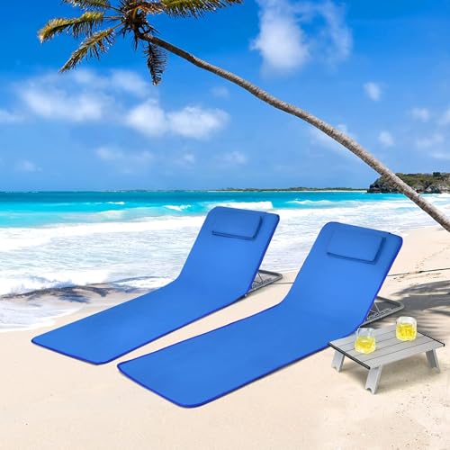 Goplus Beach Chairs with Side Table, 2 Pack Folding Lounge Chairs for Adults, with 5 Adjustable Position, Backpack Lightweight Reclining Lounge Chair for Lawn Camping Picnic Sunbath Pool (Navy) - color: Navy