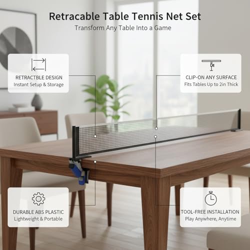 Retractable Table Tennis Net Set, Portable Clip-On Ping Pong Net for Flat Surfaces, Tool-Free Setup with Durable PP Construction - color: Gray