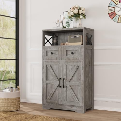 Befrases Farmhouse Storage Cabinet with Drawers and Adjustable Shelves, Freestanding Kitchen Pantry Storage Cabinet, Floor Storage Cupboard for Dining Living Room Home Office, Washed Grey - color: Antique Washed Grey, size: 1 Pack