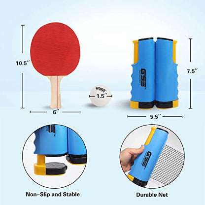 GSE Games & Sports Expert Adjustable Retractable Ping Pong Net Set & Post. Professional Table Tennis Rackets and Balls, Net with Posts and Storage Bag - Pingpong Paddle and Game Table Accessories. | Adjustable - color: Table Tennis Set-Blue